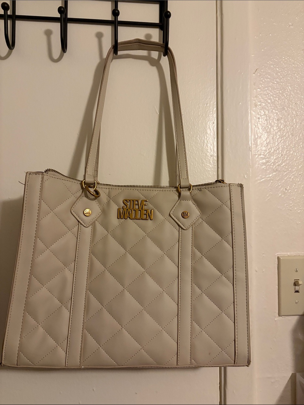 Steve Madden Quilted Cream Tote with Gold Logo